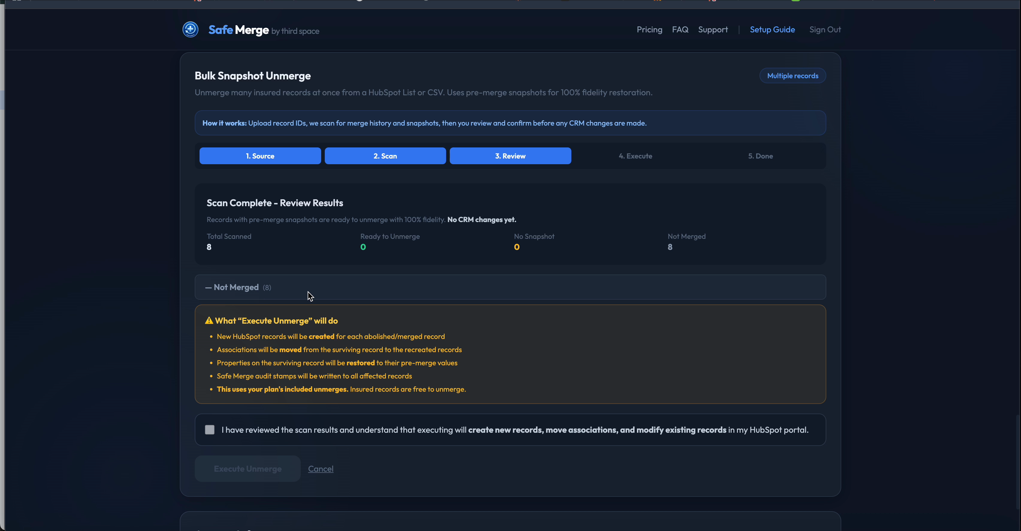 Safe Merge bulk snapshot unmerge scan complete with review results