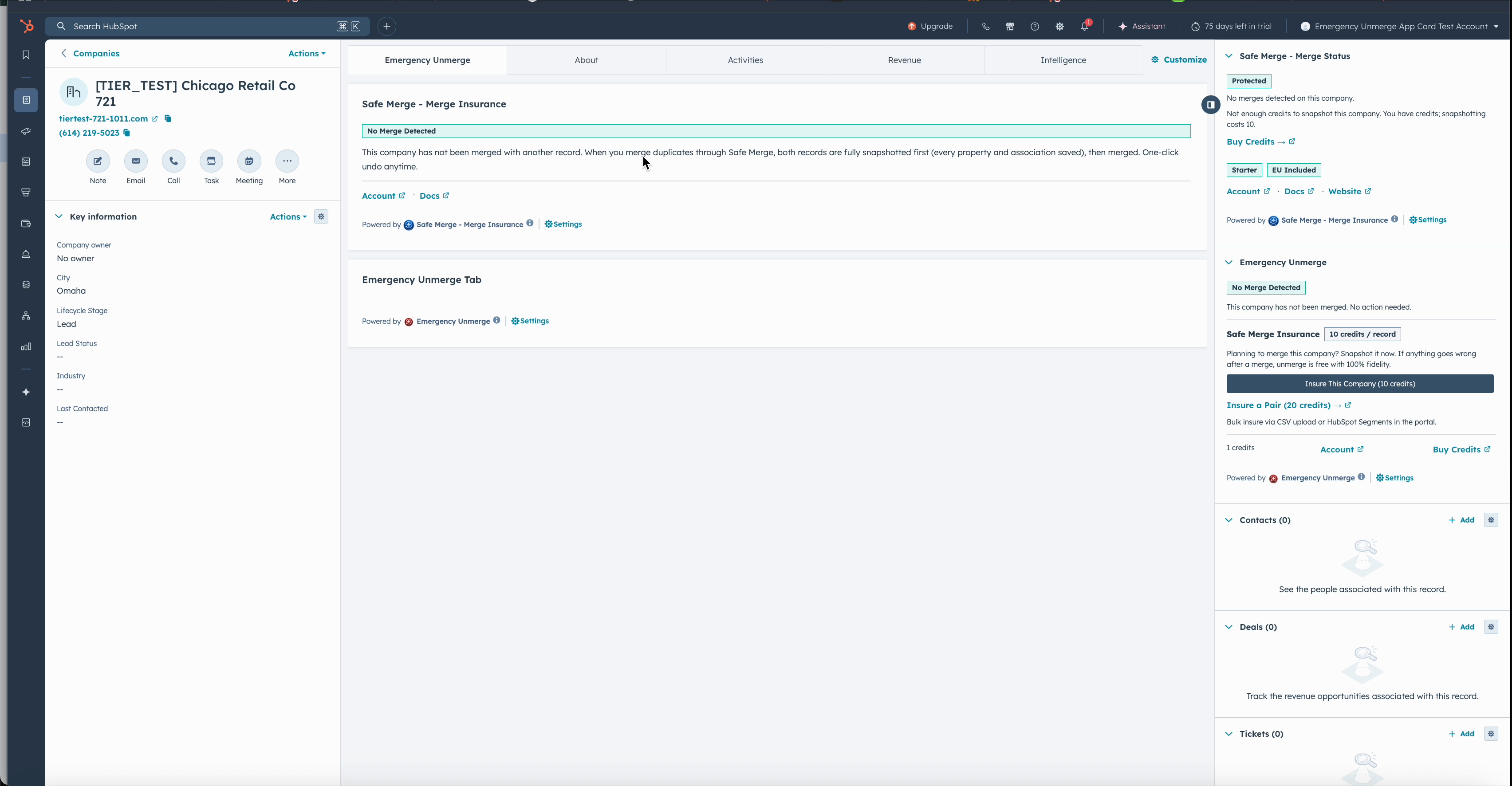 Safe Merge sidebar card on a HubSpot company record showing merge detected status and insurance badge
