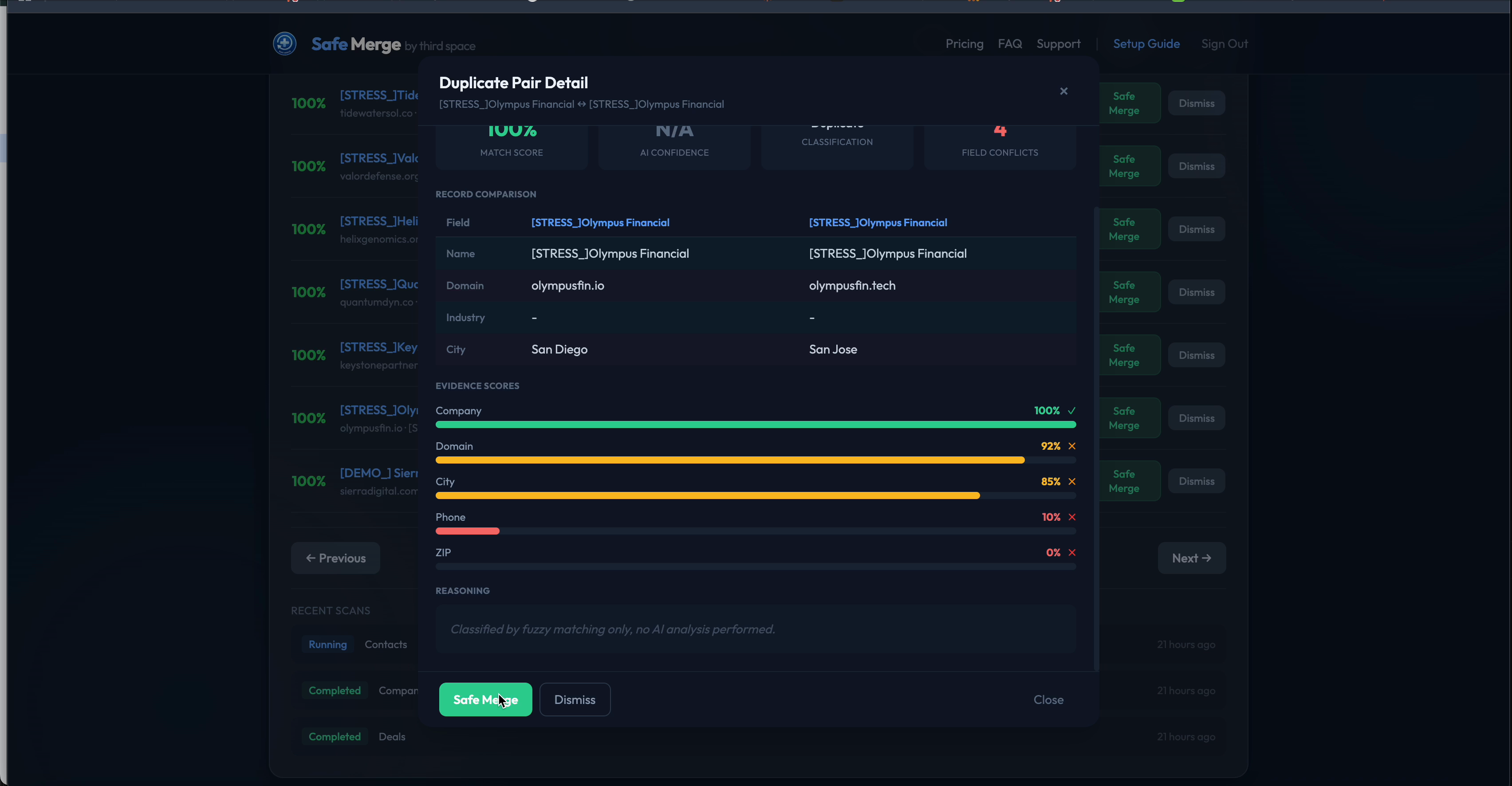 Safe Merge duplicate pair detail showing side-by-side comparison with match score bars