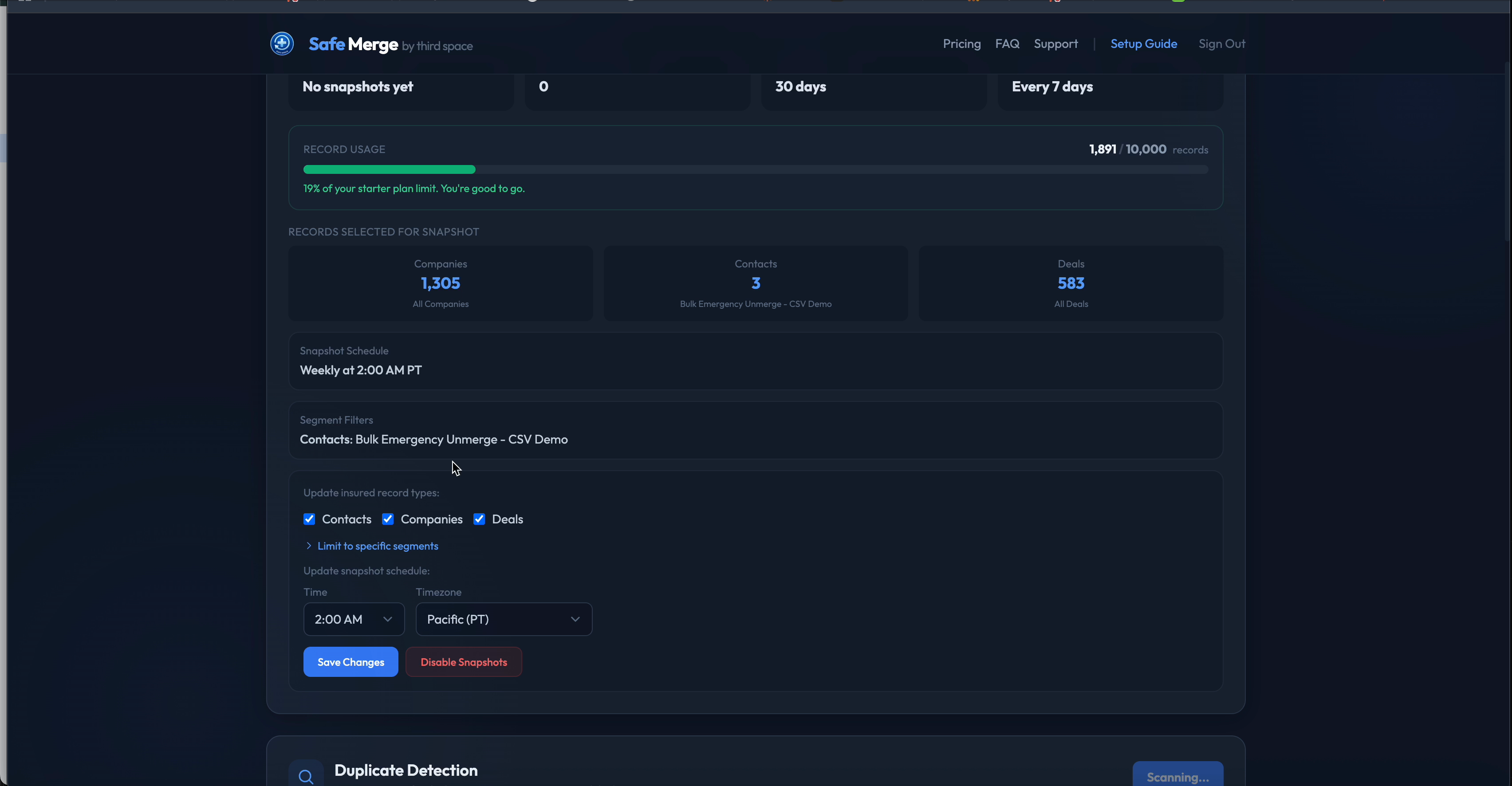 Safe Merge snapshot configuration showing enrolled object types, schedule, and segment filters