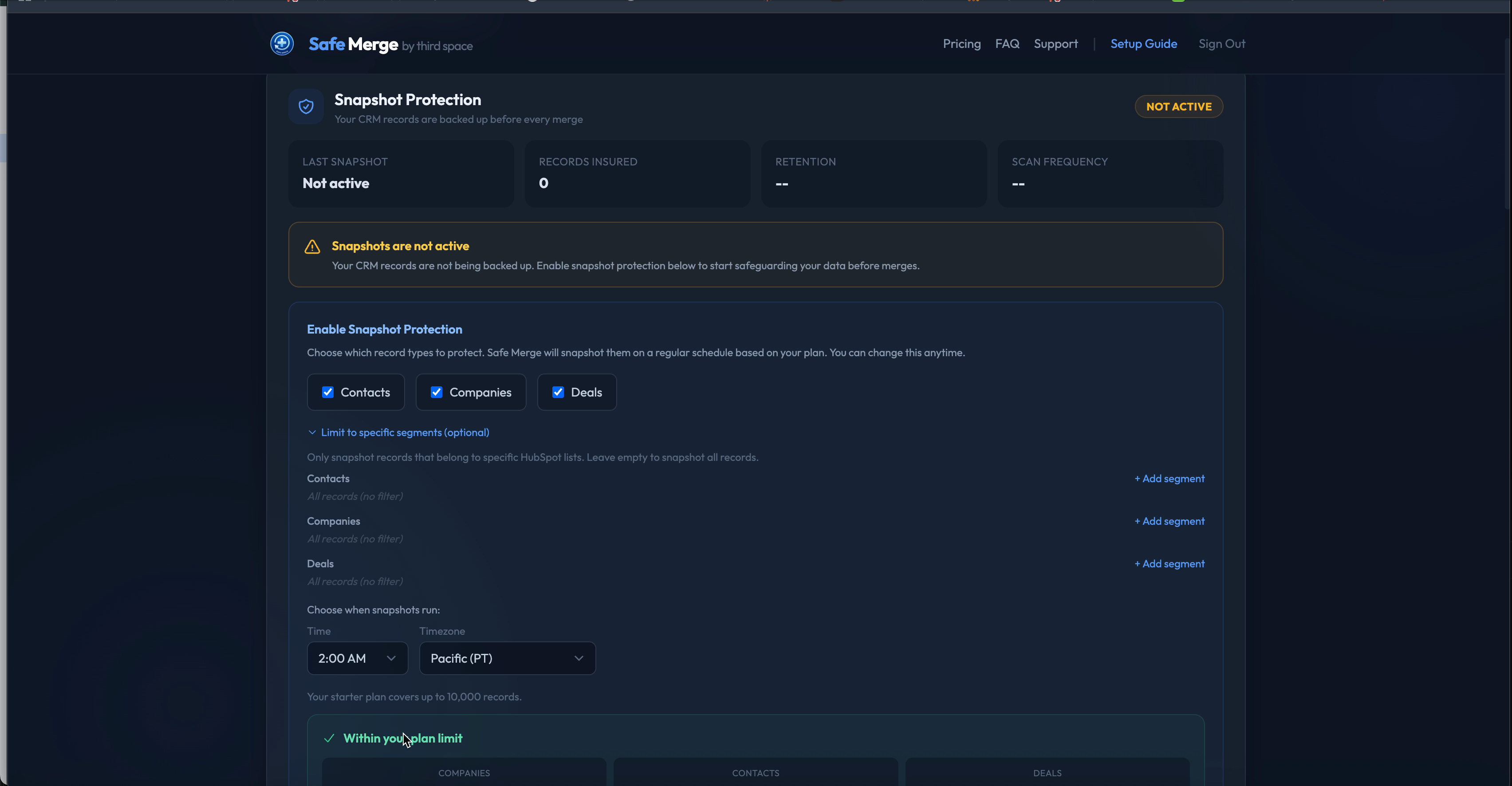 Safe Merge snapshot configuration showing contact protection settings