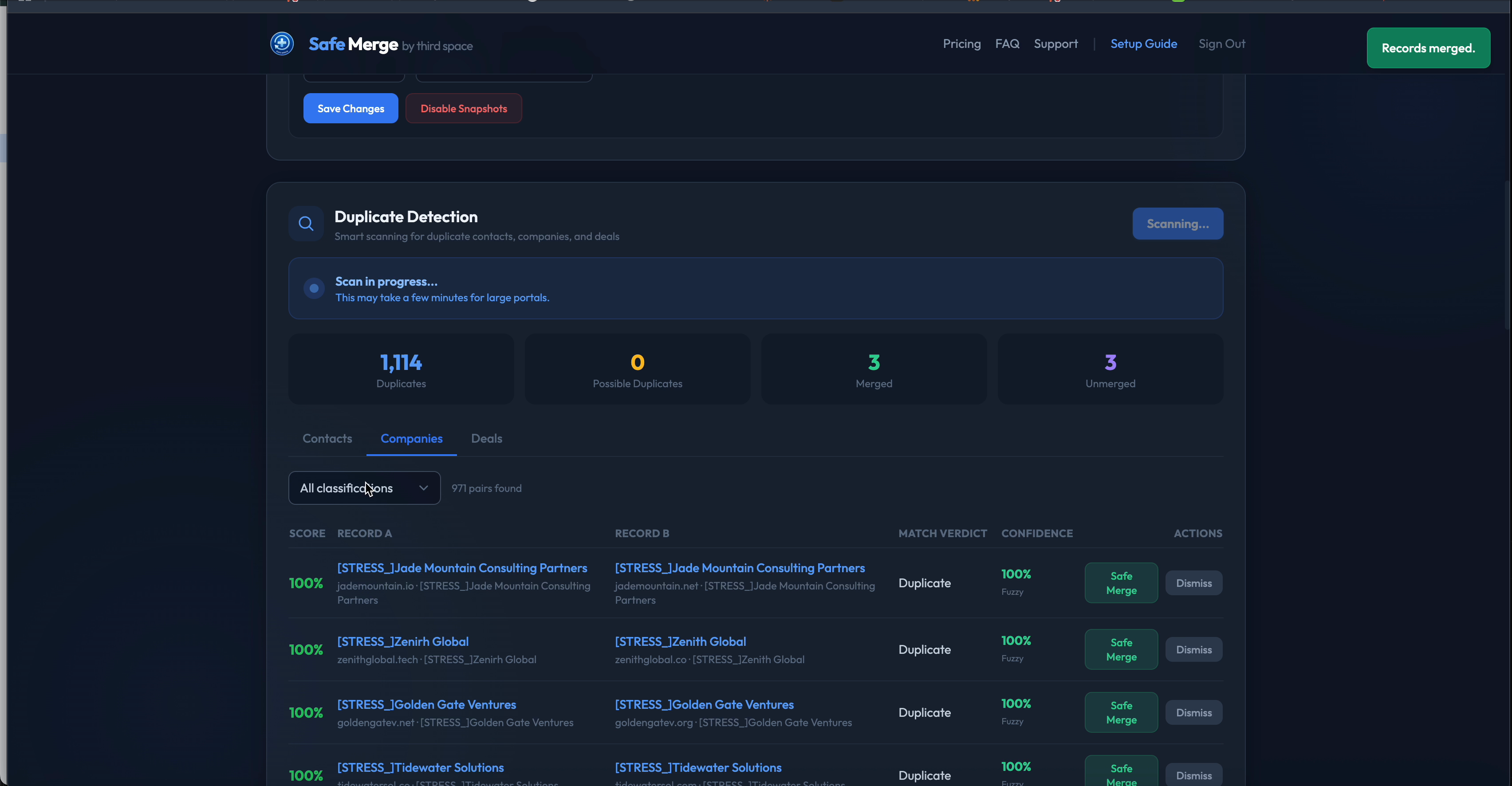 Safe Merge duplicate detection dashboard showing potential matches